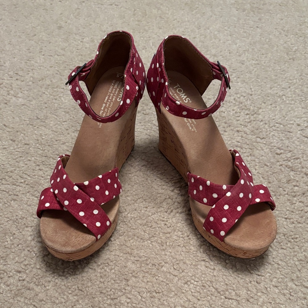 TOMS Red Polka Dot Ankle-Strap Wedge Sandals NWOT